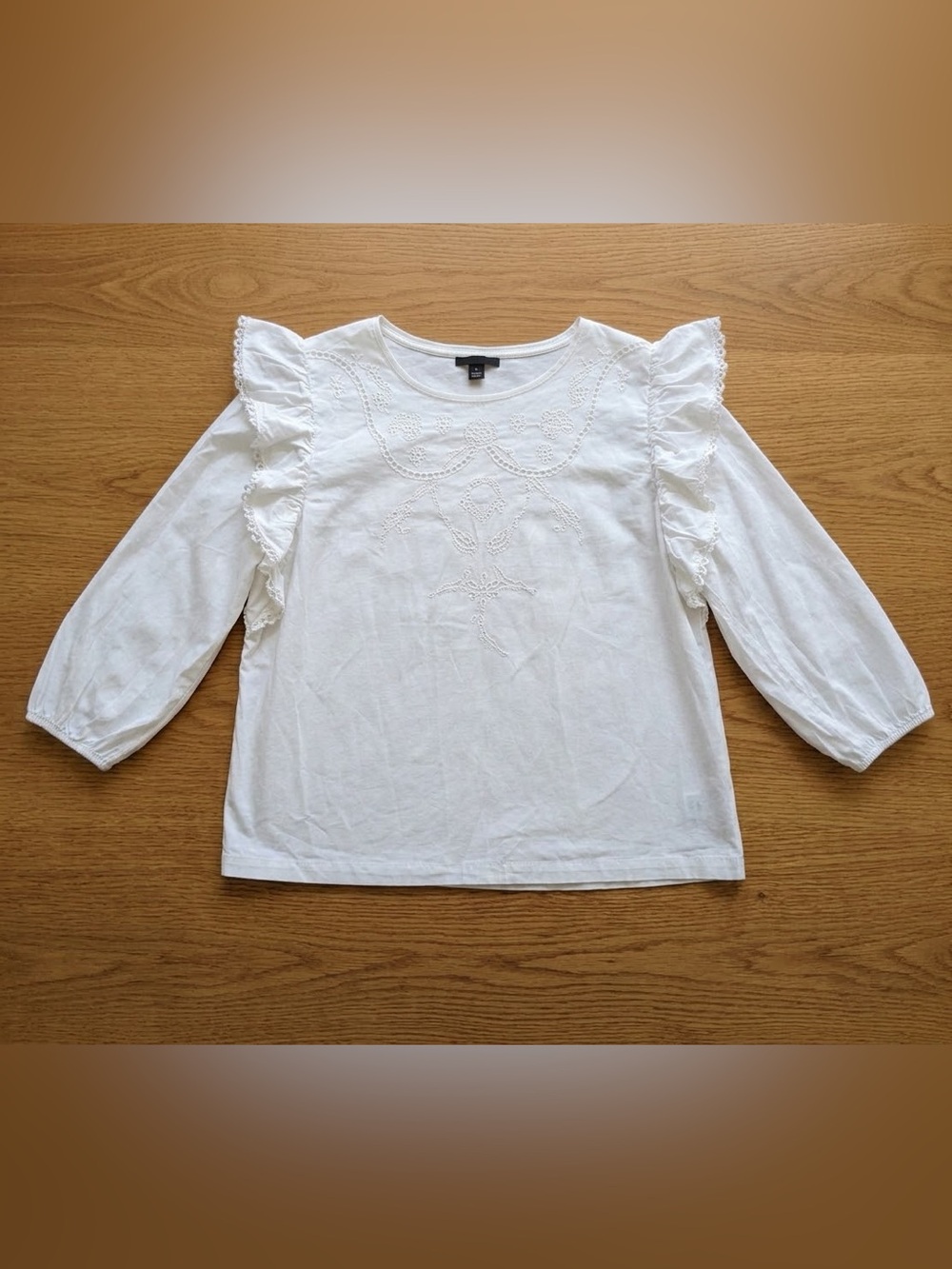 J. Crew White Ruffle-Trim Embroidered Long Sleeve Blouse